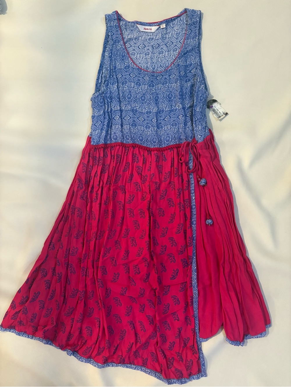 Womens Blue Printed Bodice with Fuchsia Tie-Accent Skirt Dress